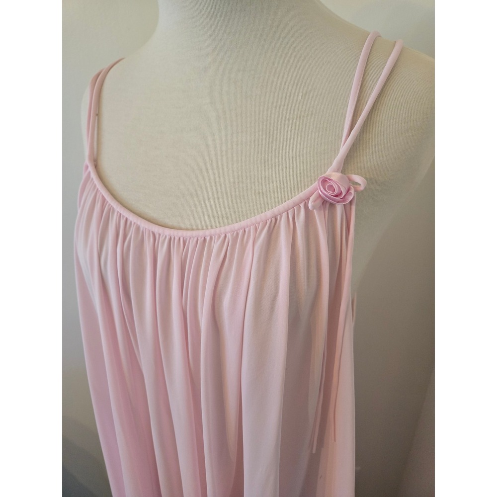 Vintage Miss Elaine Pink Antron Nylon Maxi Nightgown Rosette ILGWU Large USA - Picture 2 of 8